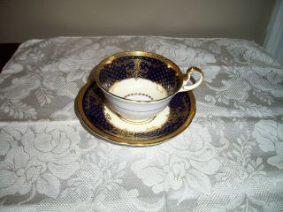 Vintage Ansley Limoges Cobalt Blue Gold Floral Bone China Tea Cup & Sauce 7055b