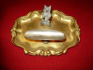 Vintage Brass & Metal Cat Cigar Holder Coin Tray Ashtray For Desk Fountain Pen