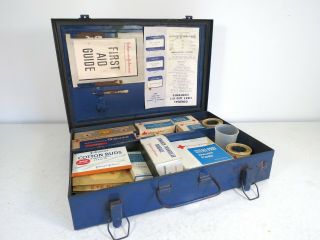 Vintage Johnson & Johnson First Aid Kit W/ Contents Metal Industrial Medical