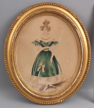 C1820s Antique English Regency Watercolor Portrait Painting Woman In Green Dress