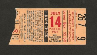 Milwaukee Brewers Vs Kansas City Royals Ticket Stub July 14,  1978