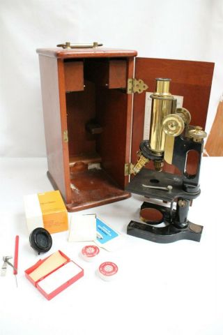 Vintage Bausch & Lomb Optical Co Brass Reflecting Microscope Wooden Case
