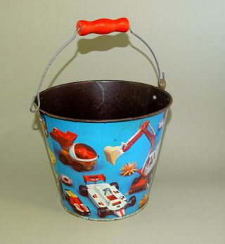 Vintage Old Russian Soviet Ussr Toy Sand Pail Tin Toy Norma W/ Cars And Trucks