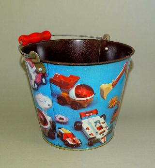 Vintage Old Russian Soviet USSR Toy Sand Pail Tin Toy NORMA w/ Cars and Trucks 2