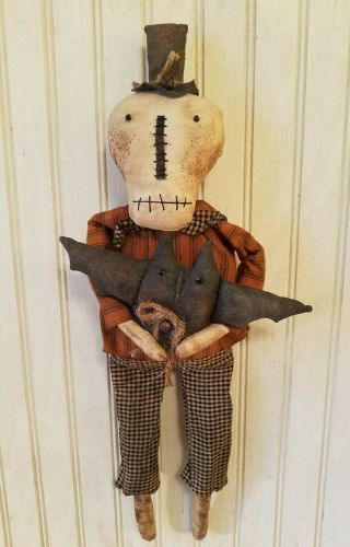 Primitive Grungy Little Skeleton Halloween Doll & His Bat