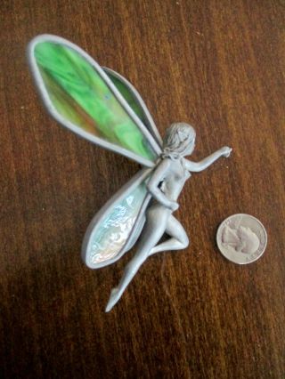 Vintage Pewter Fairy Figurine Hanger With Stained Glass Wings