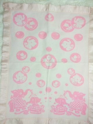 Vintage Chatham Baby Crib Blanket Pink Elephants Satin Trim Edging Cute