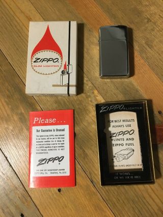 Vintage 1970s Zippo Slim Lighter Chrome Polish Inserts Unfired Nos