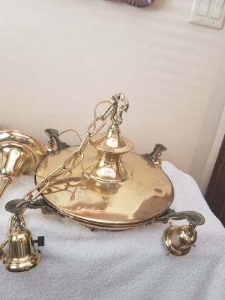 Vintage/ Antique 4 Light Hanging Pan Lamp Chandelier Solid Brass - -