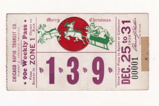 1939 Chicago Rapid Transit Co Pass Merry Christmas Santa Sleigh Reindeer