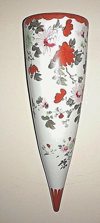 13 " Tall Vintage Porcelain Wall Pocket Red Floral Motif