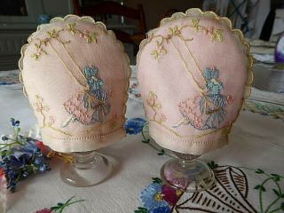 Vintage Hand Embroidered Egg Cosies/covers X 2 Pink Organza Crinoline Ladies