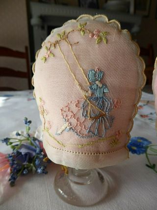 VINTAGE HAND EMBROIDERED EGG COSIES/COVERS X 2 PINK ORGANZA CRINOLINE LADIES 2