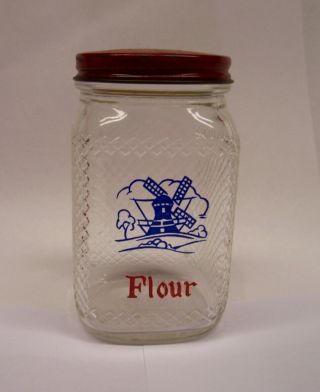 Vintage Hazel Atlas Waffle Glass Dutch Windmill Flour Shaker Jar