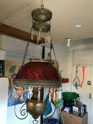 Antique Victorian Cranberry B&H Hobnail Hanging Oil Lamp 3