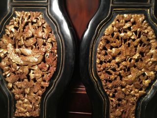 2 Antique Chinese Gilt Wood Carved Panels Flowers Phoenix Bird Wooden Carving 4
