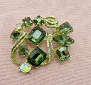 Vintage Rhinestone Brooch Pin Green Ab Clear Faceted Crystal Jewelry 113m