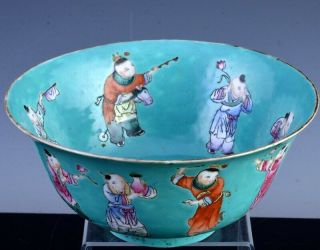 Great 19thc Chinese Famille Rose Turquoise Enamel Playing Boys Bowl Qianlong Mk