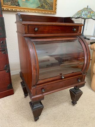 Rare Antique Walnut Roll Top Country Store Showcase Watch Display Cabinet