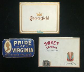 3 Vintage Tobacco Cigarette Tins Pride Of Virginia,  Sweet Caporal,  Chesterfield