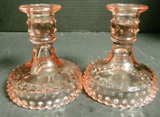 Vintage Fenton Pink Depression Glass Hobnail Candlesticks 4.  5 " X 4.  13 "