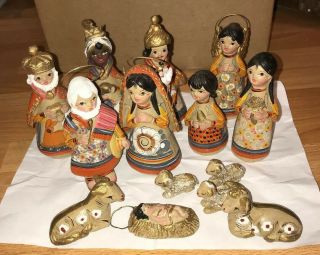 Vtg Mexican Pottery Folk Art Nativity Set 14 Pc Clay Hand Painted See Descript