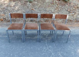 Mid Century Modern Milo Baughman Chrome Dining Chairs Square Tubular 4 Piece Set 2