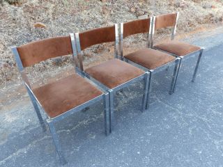 Mid Century Modern Milo Baughman Chrome Dining Chairs Square Tubular 4 Piece Set 3