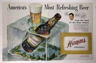 Hamm’s Beer Bottle And Glass Encased In Ice Centerfold Vtg Print Ad