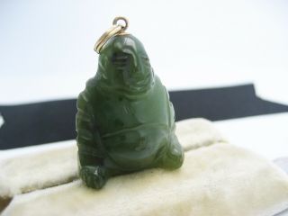 Antique Vintage Carved Green Jade Buddha Pendant Gold Bail Pendant / Watch Fob