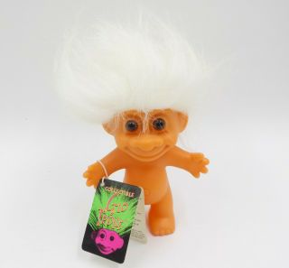 Vintage 90s Glo Troll 5 " Doll,  Orange W/ White Hair & Russ Tag,  Very Rare
