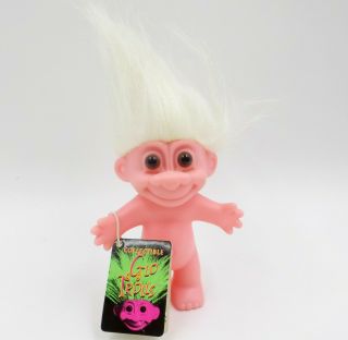 Vintage 90s Glo Troll 5 " Doll,  Pink W/ White Hair,  Russ Tag,  Very Rare Exclusive