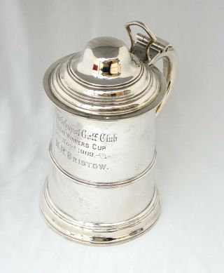 Edwardian Solid Silver Trophy Lidded Tankard.  Chislehurst Golf Club Prize 1909.