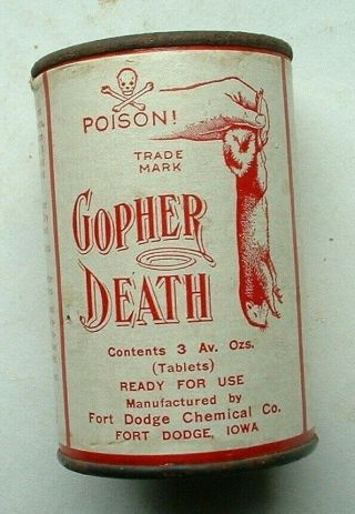 Antique Gopher Death Rodent Poison Tin Can Advertising Vtg Fort Dodge Ia