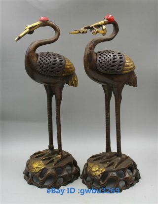 10 " Rare A Pair Chinese Bronze Copper Gilded Incense Burner Carved Crane Statues