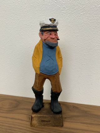 Vintage Wood Hand Carved Sea Captain Figure,  Cigar,  Yellow Coat,  White Hat 8”