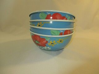 Vtg.  (4) Blue Enamelware Flower Pattern Cereal Bowls
