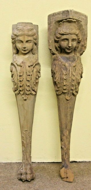 Two Hand Carved Female Wooden Gothic Fancy Leg Carvings