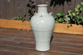 Antique Chinese 19th Century Ge Type Crackle Glazed Meiping Vase Qianlong Mark