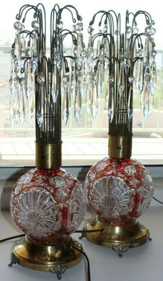 Pair Vnt Hollywood Regency Crystal Prism Waterfall 2 - Bulb Ruby Glass Table Lamps
