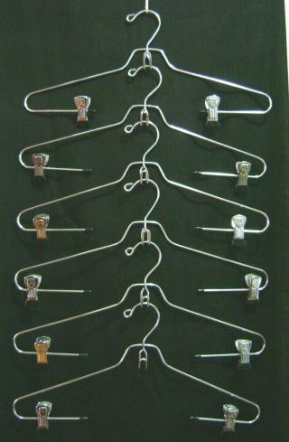 Vintage Chrome Suit Hangers 16”w Set 6 W/ Spring Clips Add - A - Hanger Hook