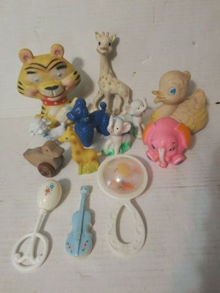 Vintage Hard & Soft Plastic Celluloid Baby Rattles Toys Giraffe Elephant Sheep