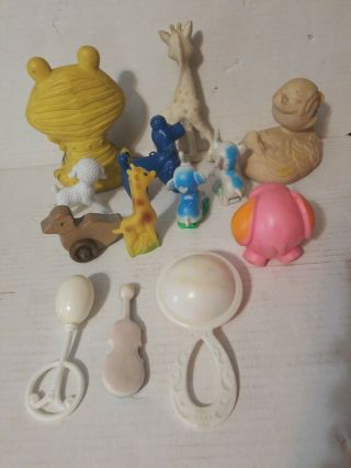 Vintage Hard & Soft Plastic Celluloid Baby Rattles Toys GIRAFFE ELEPHANT SHEEP 2