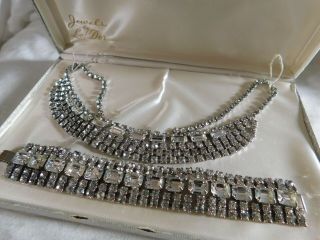 Vtg Jewels By Ledor Clear Crystal Rhinestone Necklace And Bracelet Set
