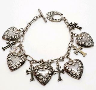Gorgeous Vintage Signed Sterling Silver Hearts & Crosses Charm Chain Bracelet