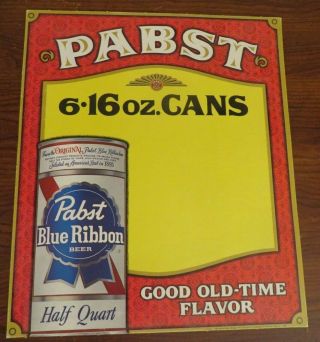 Vintage 80s Nos Pabst Blue Ribbon Beer Can 6 For Price Sign Cardboard Easel Back