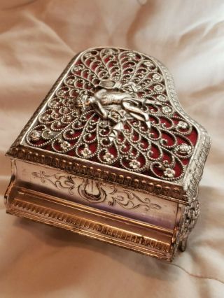 Vintage Silver Tone Filigree Piano With Cherub,  Jewelry Music Box Made In Japan