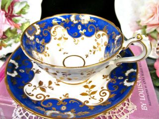 English Porcelain 1825 Tea Cup And Saucer Ridgway Teacup Cobalt Blue Gold Gilt