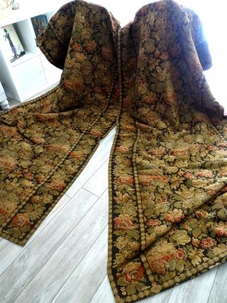 2 French Antique Hanging Curtains Tapestry 19th - Century Floral Decor