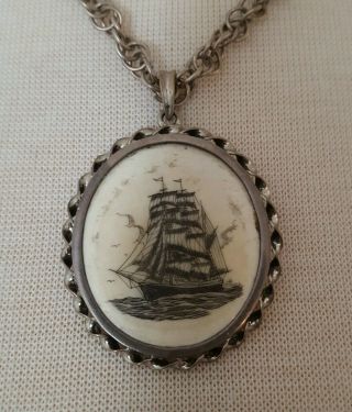 Vintage Sterling Silver Scrimshaw Whaling Ship Necklace Signed